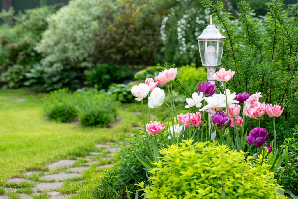 latarenka w ogrodzie pośród kwiatków